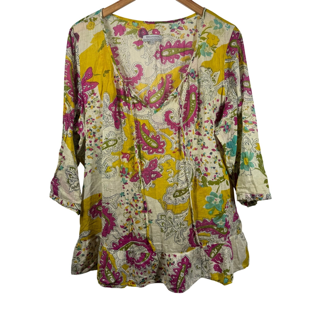 World Market Top Women L/XL Paisley Floral Semi Sheer Boho‎ 3/4 Sleeve Ruffle